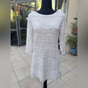 White House Black Market Cream, Tan & Metallic 3/4 sleeve Sweater Dress Tunic